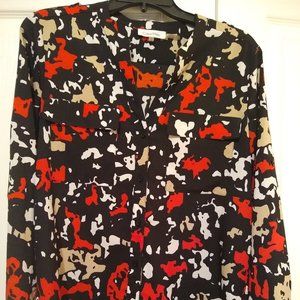 Elegant Black, White, Khaki & Red Print Blouse with Special Details